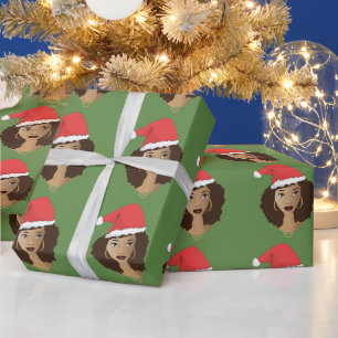 Papel De Presente Natal Red Santa Hat, Mulher Negra, Verde