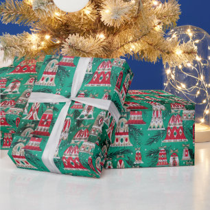Papel De Presente Natal retrô, vintage, enfeites, verde e vermelho
