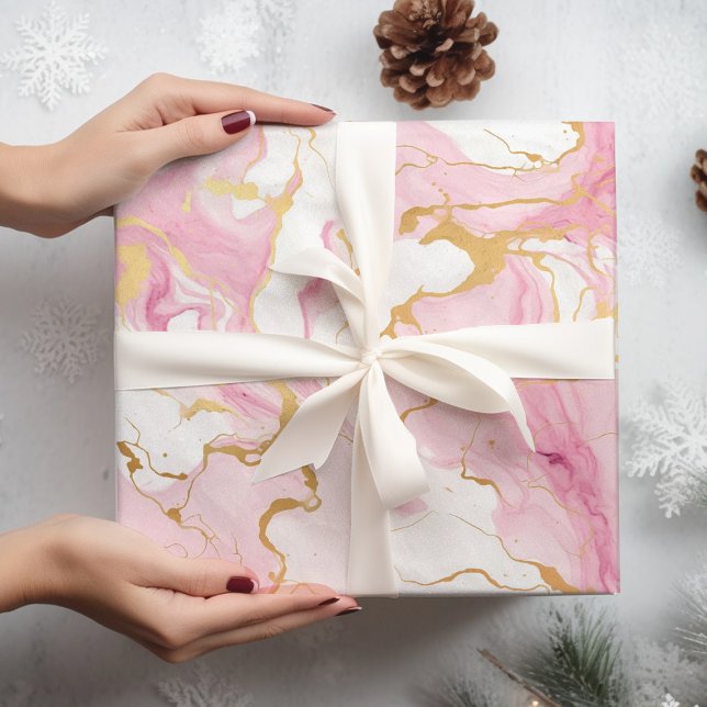 Papel De Presente Natal rosa e Dourado do mármore (Criador carregado)