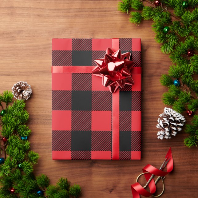 Papel De Presente Natal Russo Vermelho e Xadrez Negra (Presente de Natal)