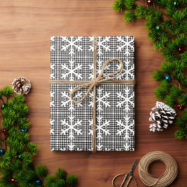 Papel De Presente Natal Rustic Black and White Xadrez Floco de Neve