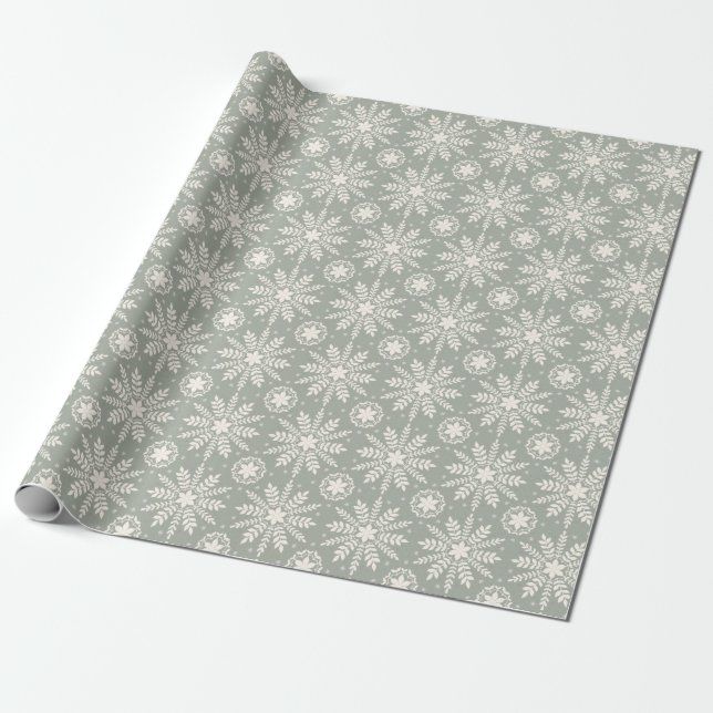 Papel De Presente Natal Rustic Cream and Sage Snowflake (Desenrolado)