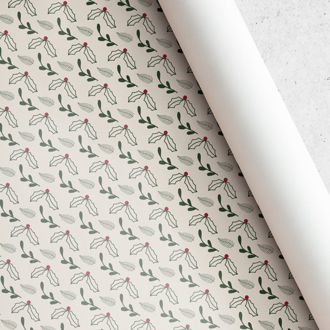 Papel De Presente Natal Rústico Bege Folhagem Fruta do Azevinho (Criador carregado)