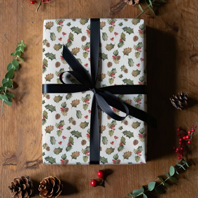 Papel De Presente Natal rústico com azevinho e pinheiro  (Criador carregado)