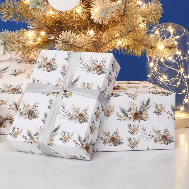 Papel De Presente Natal Rústico de Madeira com Galhos de Pinheiro (Feriados)