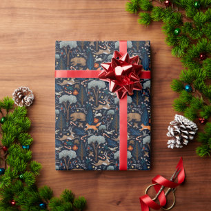 Papel De Presente Natal Rústico em Aquarela com Animais da Floresta
