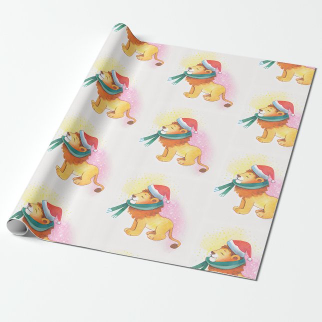 Papel De Presente Natal Safari Animal Lion com Boné Papai noel (Desenrolado)