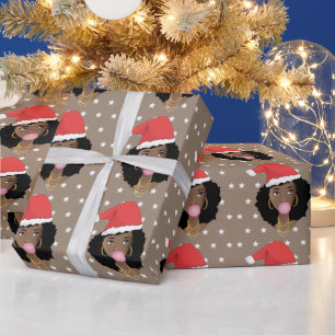 Papel De Presente Natal Santa Hat, Mulher Negra, Bubblegum, Estrelas