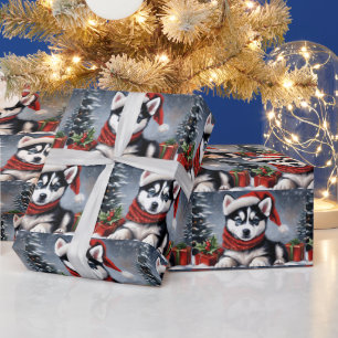 Papel De Presente Natal Siberian Husky Puppy Vestindo Santa Hat