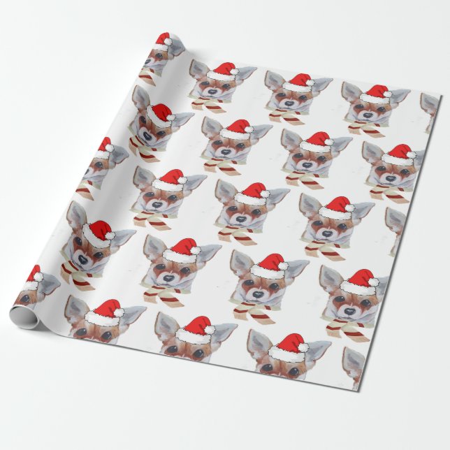 Papel De Presente Natal Tan Chihuahua Santa Hat (Desenrolado)