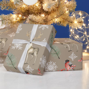 Papel De Presente Natal Temático de Floresta com Veado e Pássaro
