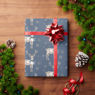 Papel De Presente Natal Terra de Encantamento Veado Azul Flocos de N
