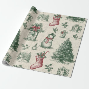 Papel De Presente Natal Toile Vintage em Verde Sage de Inverno