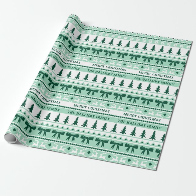 Papel De Presente Natal Ugly Sweater Nome da Família Mint Green (Desenrolado)