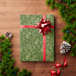 Papel De Presente Natal Verde de Padrão Folha Dourado Elegante