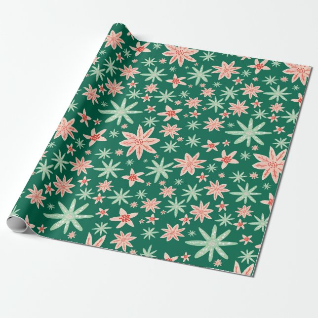 Papel De Presente Natal verde do teste padrão da poinsétia (Desenrolado)