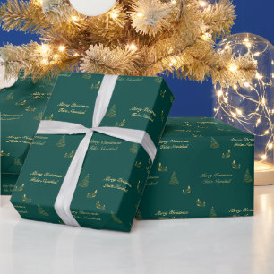 Papel De Presente Natal verde e Ouro Bilíngue Feliz Navidad