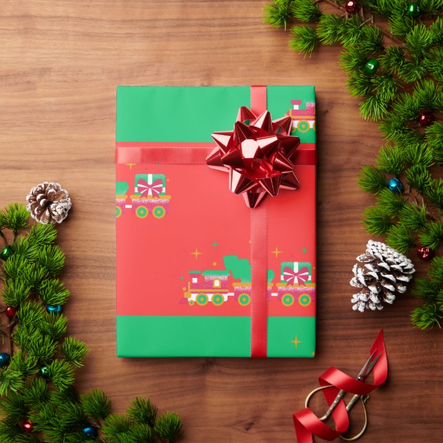 Papel De Presente Natal VERDE & VERMELHO Com Trens. Papai Noel (Presente de Natal)