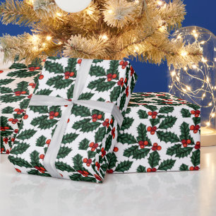 Papel De Presente Natal Vermelho Berries e Folhas White Natal