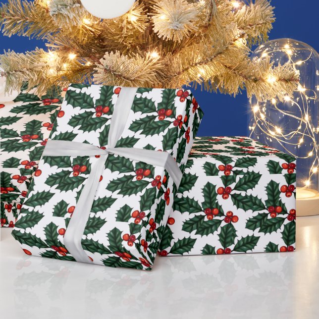 Papel De Presente Natal Vermelho Berries e Folhas White Natal (Feriados)