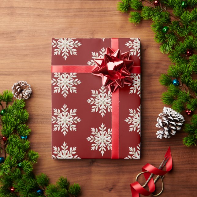 Papel De Presente Natal Vermelho Floco de Neve Creme (Presente de Natal)