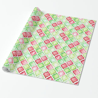 Papel De Presente Natal vermelho & verde Quatrefoil da aguarela