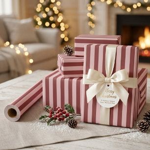 Papel De Presente Natal Vintage em Listras Burgundy e Blush