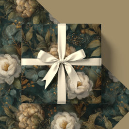 Papel De Presente Natal Vintage Floral Verde e Creme de Inverno