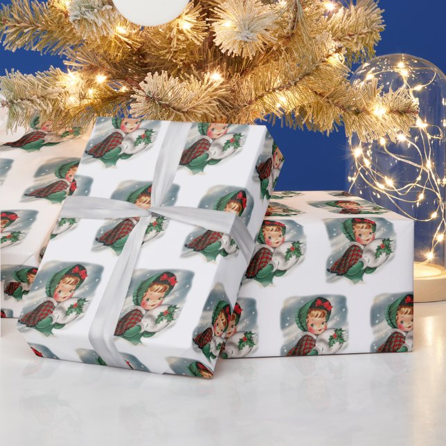 Papel De Presente Natal vintage Girl Segurando Holly (Feriados)