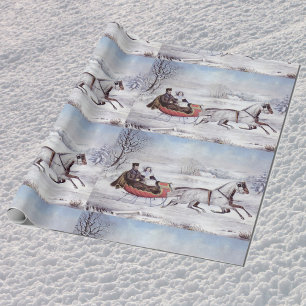 Papel De Presente Natal vintage, o inverno da estrada, cavalo do