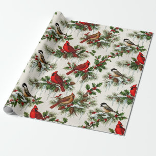 Papel De Presente Natal Vintage Pássaros de Inverno