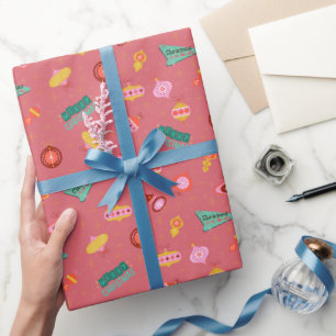Papel De Presente Natal Vintage Retro dos Anos 60 em Rosa Doce