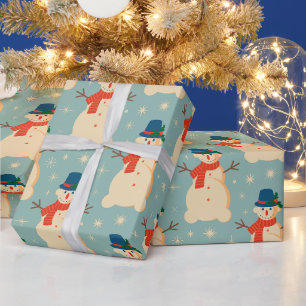 Papel De Presente Natal Vintage Retro Homem de Neve Azul Claro