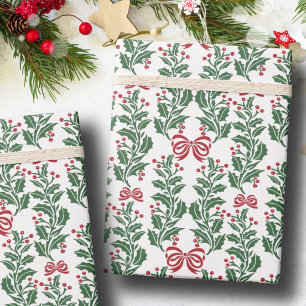 Papel De Presente Natal Vintage Retro Vermelho Verde Folhas de Azevi