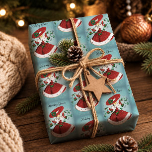 Papel De Presente Natal vintage sinos verdes brilho vermelho menina