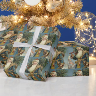 Papel De Presente Natal vintage, Victorian Papai Noel com árvore