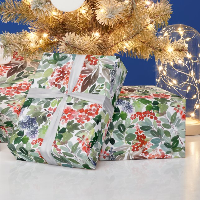 Papel De Presente Natal Watercolor Foliage Holly Berry Holiday (Feriados)