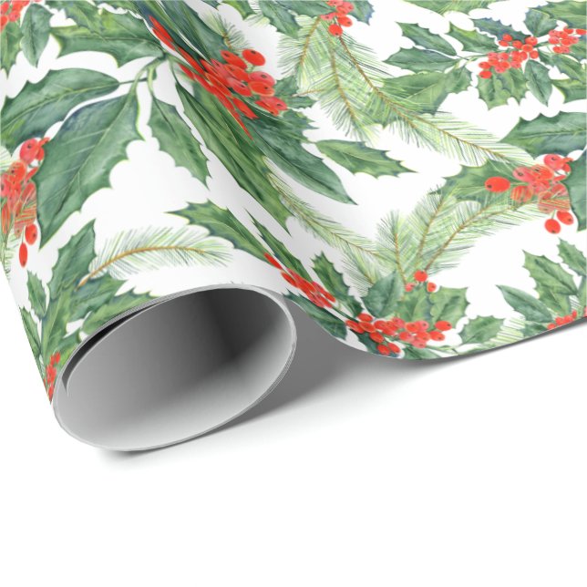Papel De Presente Natal Watercolor Mistletoe Holly Berry Holiday (Ponta do rolo)