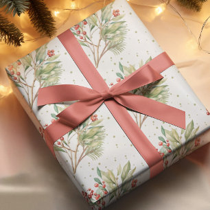 Papel De Presente Natal Watercolor Red Holly Greenery