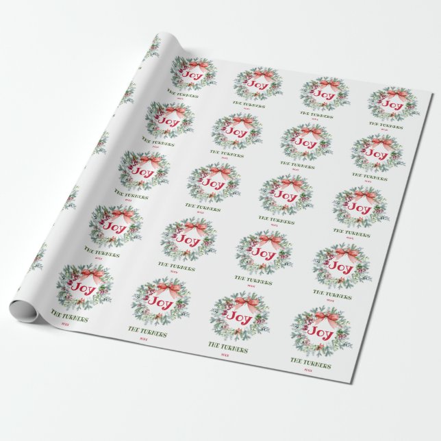 Papel De Presente Natal Wreath Holly Berry Joy Holidays Monograma (Desenrolado)