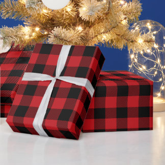 Papel De Presente Natal Xadrez Búfalo Vermelho Escuro e Preto