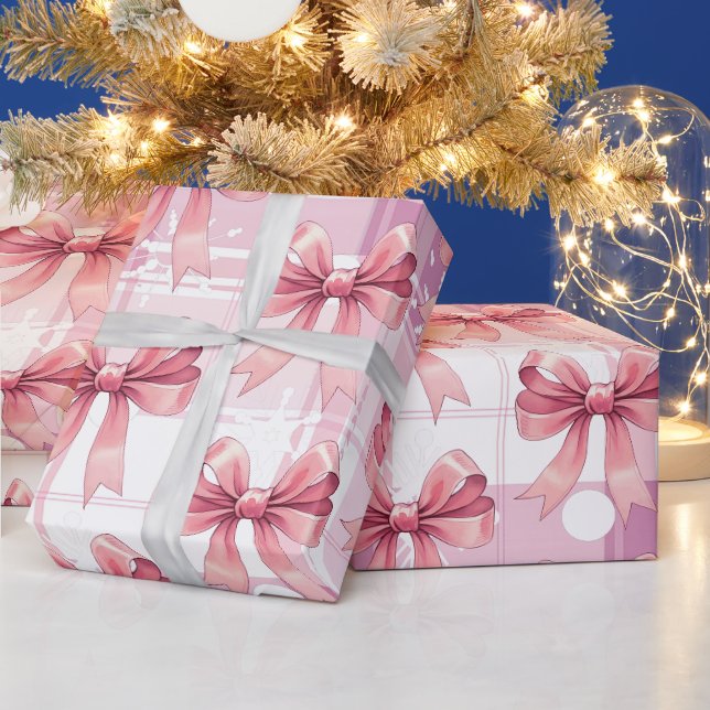 Papel De Presente Natal Xadrez Rosa Flocos de Neve Laço Coquette (Feriados)