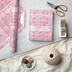 Papel De Presente Natal Xadrez Rosa Flocos de Neve Lindos