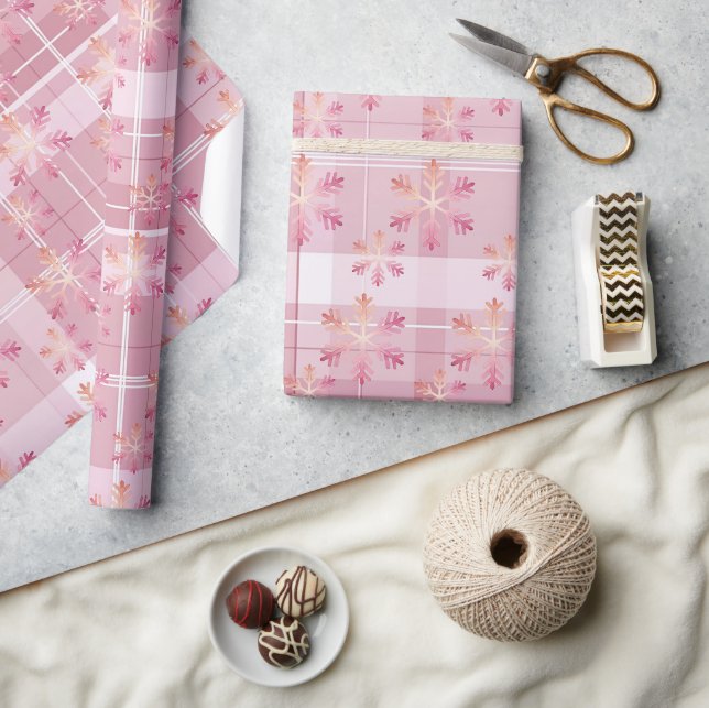Papel De Presente Natal Xadrez Rosa Flocos de Neve Lindos (Artesanato)