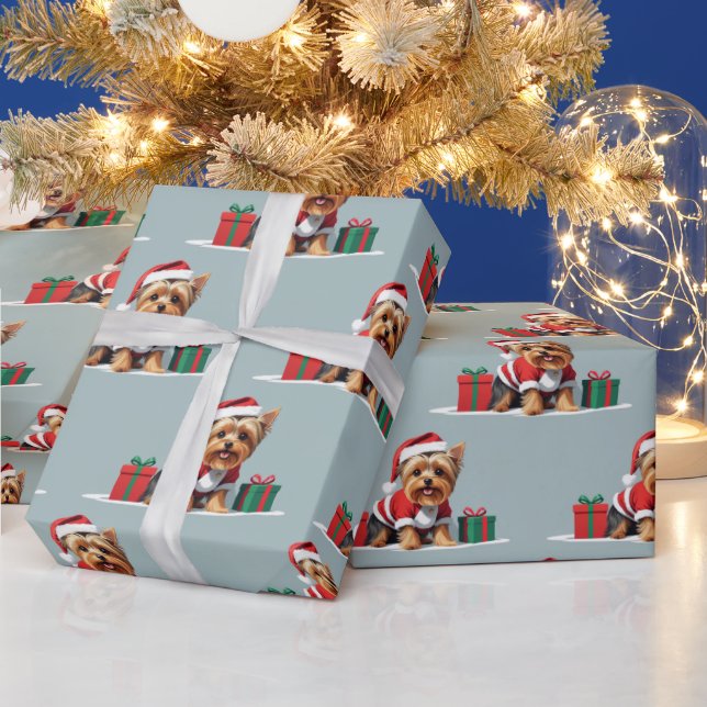 Papel De Presente Natal Yorkshire Terrier Dog Vestido como Papais no (Feriados)