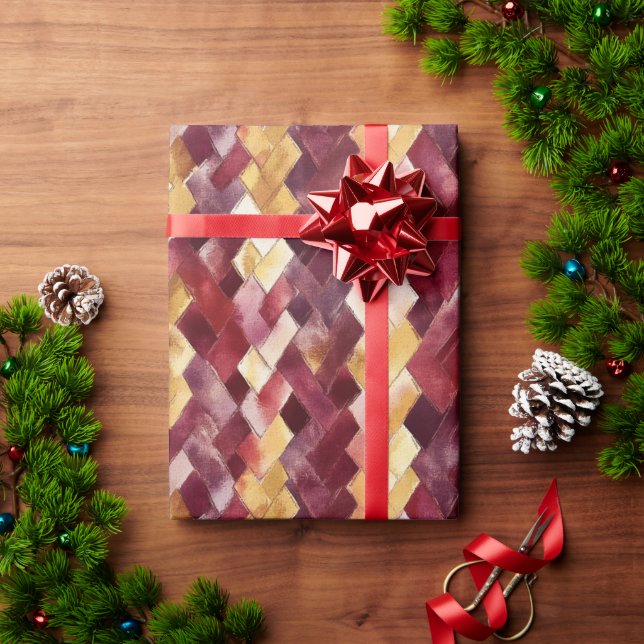 Papel De Presente Natal Ziguezague em Dourado e Borgonha com Pêssego (Presente de Natal)