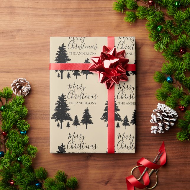 Papel De Presente Natalina Marrom Preto Árvore Feliz Natal Rústico P (Presente de Natal)