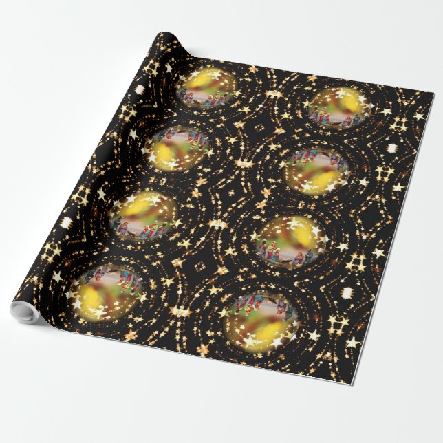 Papel De Presente Natividade Crib Virgem Maria Jesus Estrelas de Nat (Desenrolado)