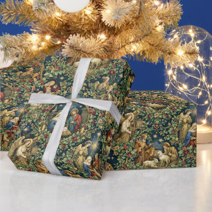 Papel De Presente Natividade Floral Vintage em Azul Meia-Noite
