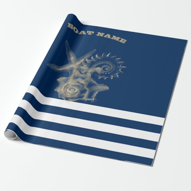 Papel De Presente Náutico, Conchas de Ouro Listras Azul-Marinho (Desenrolado)